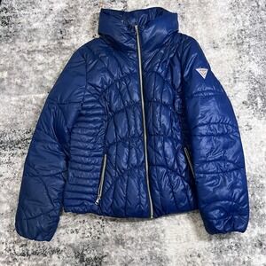 Guess Women Navy Blue Puffer Jacket Quilted High Neck Zip Up Winter Warm Size XL